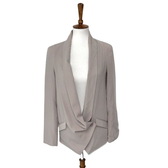 ARYN K taupe beige cream nude blazer unique front draped closure deep v small - Picture 1 of 12